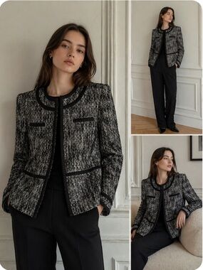 Jones New York Petite Black White Tweed Zip Front Blazer Jacket Size 12P